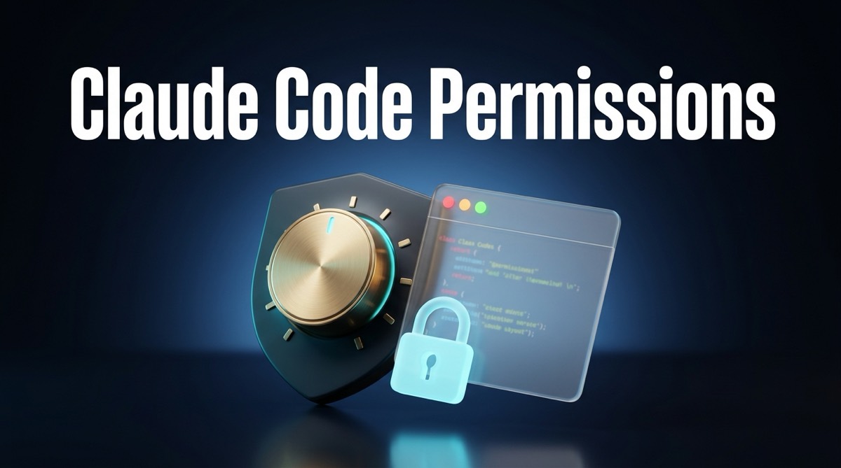 Claude Code permissions — a dial running from manual approval through auto mode to bypass, guarding a terminal