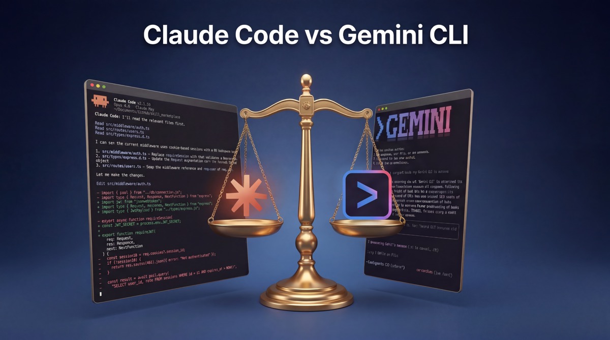 Claude Code vs Gemini CLI comparison — two terminal AI coding agents side by side